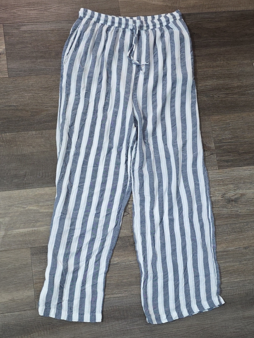 blue island Navy & White Vertical Stripe Wide-Leg Pants Boho.